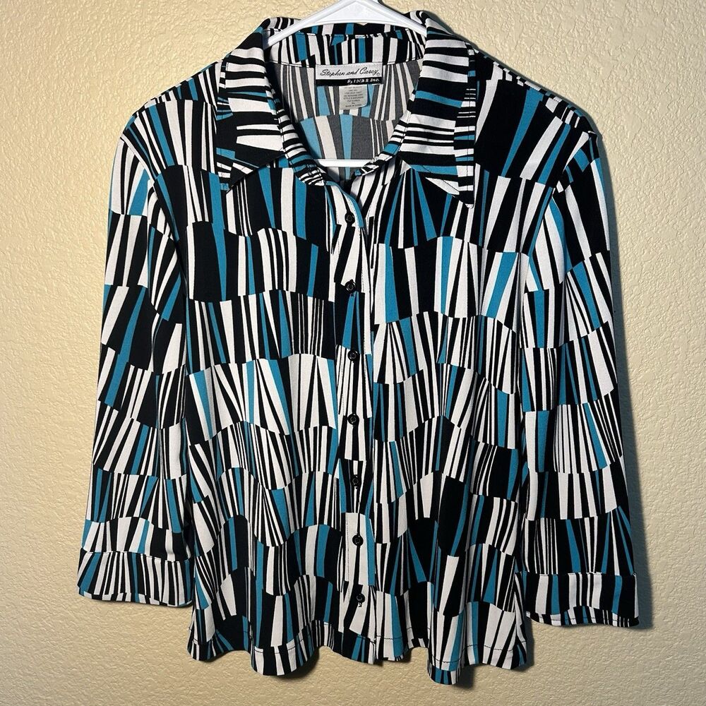 Stephen and Casey Women’s Button Front Blouse Petite Large Geometric 3/4 Sleeve